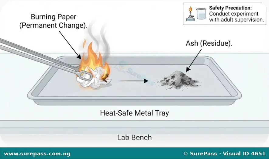 Diagram showing a piece of paper burning on a metal tray, turning into ash, demonstrating a permanent change.