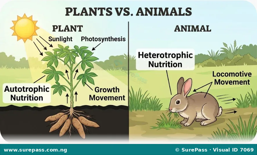 A comparison image showing a plant making its own food and exhibiting growth movement, contrasted with an animal eating food and showing locomotion.