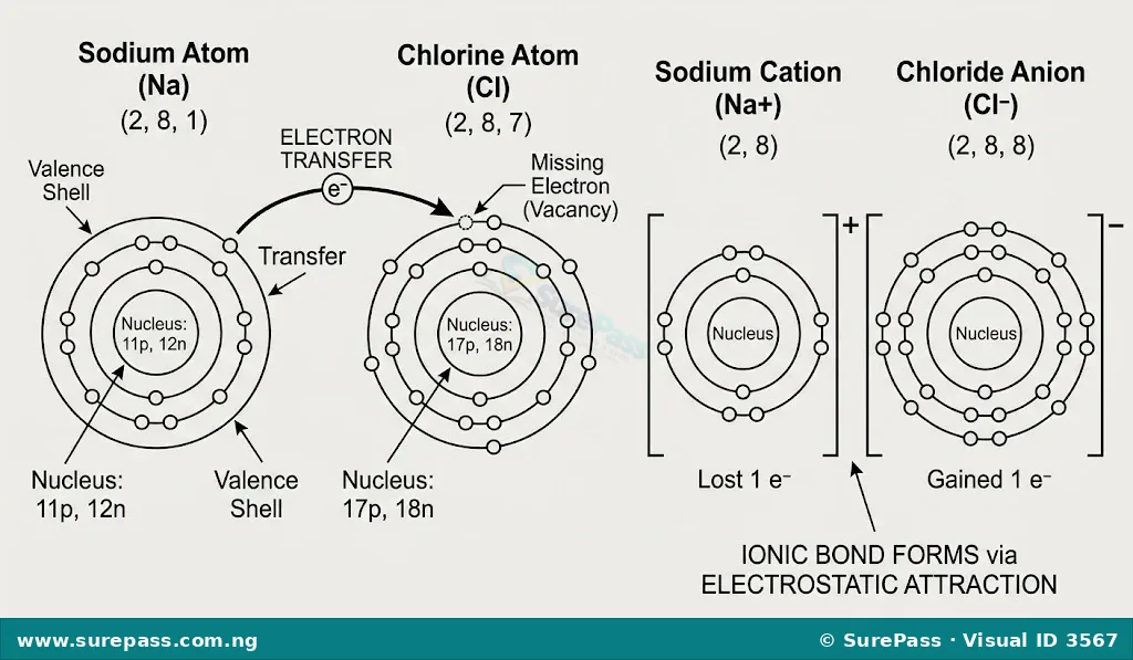 Diagram showing the transfer of an electron from a sodium atom to a chlorine atom to form sodium and chloride ions.