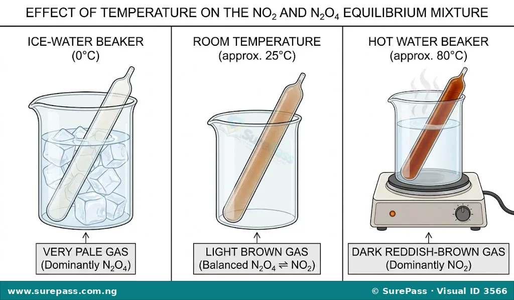 Comparison of three sealed tubes of nitrogen dioxide gas at different temperatures showing color changes.