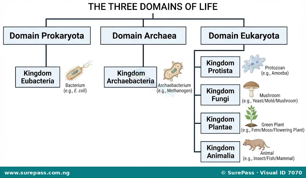 A diagram illustrating the three domains of life and their associated kingdoms.