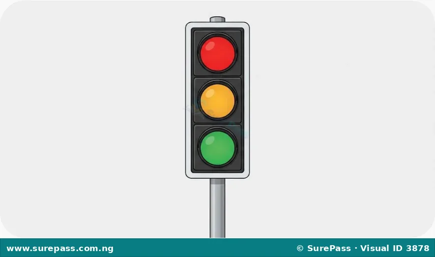 A vertical traffic light showing three lights. The top light is red, the middle is yellow, and the bottom light is green.
