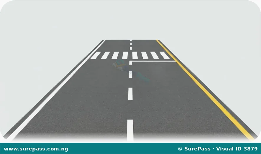 A road with white and yellow markings. White dashed lines separate traffic lanes, a solid white line marks the road edge, and a zebra crossing has white stripes. A solid yellow line runs along the side of the road.
