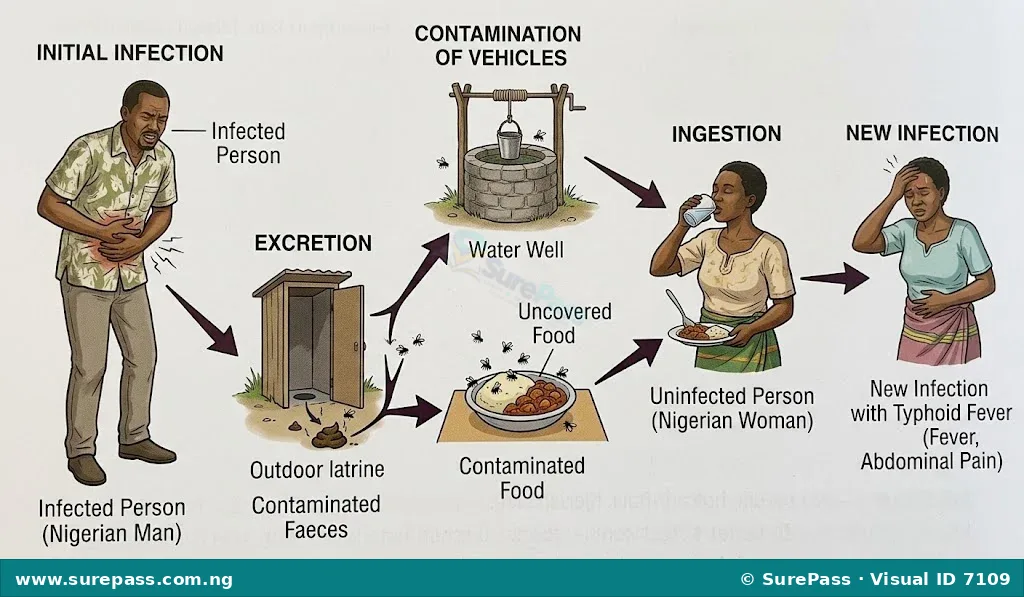 Diagram illustrating the faecal-oral transmission route of typhoid fever.