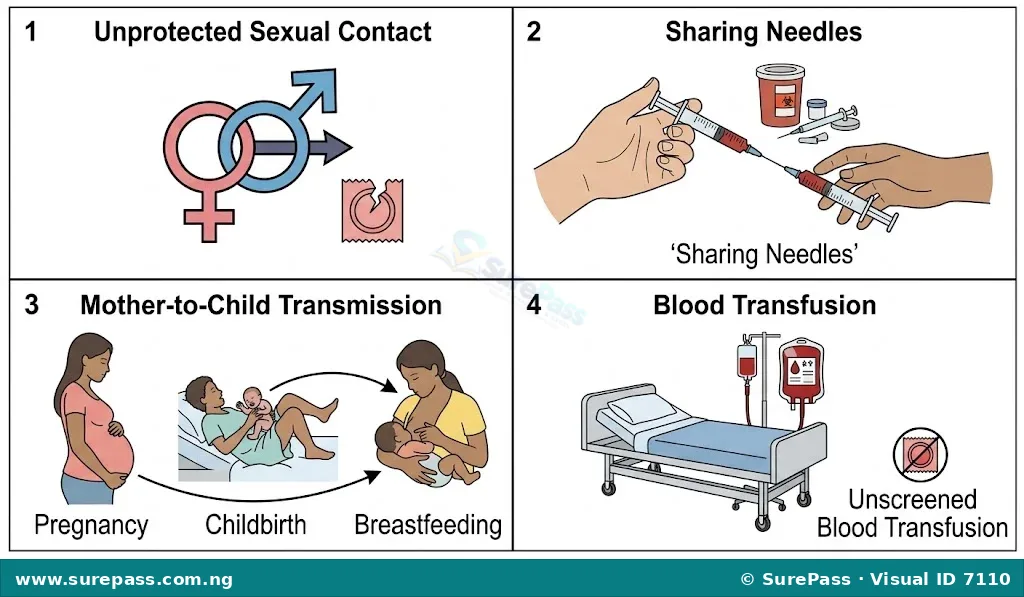 Diagram showing the main ways HIV is transmitted, including sexual contact, shared needles, and mother-to-child.