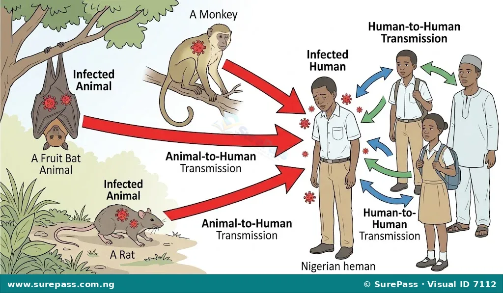 Diagram showing how zoonotic diseases are transmitted from animals to humans, and sometimes from human to human.