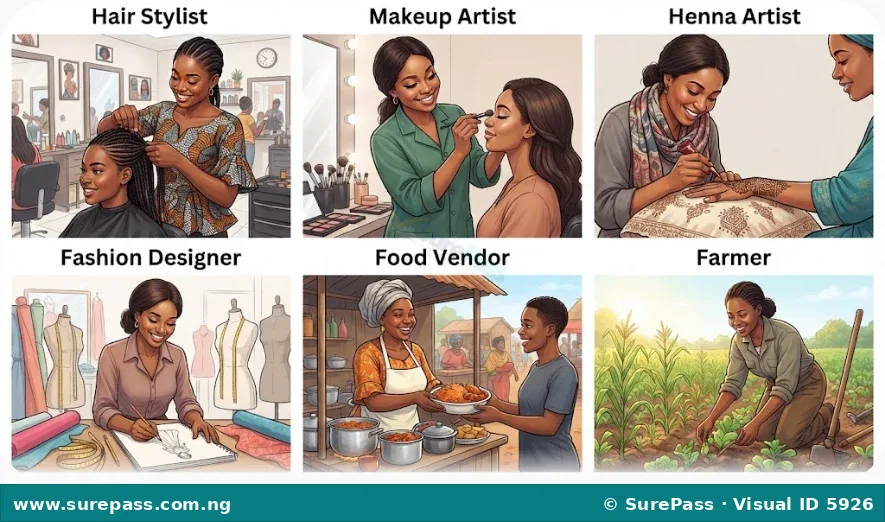 Collage of Nigerian entrepreneurs including a hair stylist, makeup artist, henna designer, fashion designer, food vendor, and farmer.