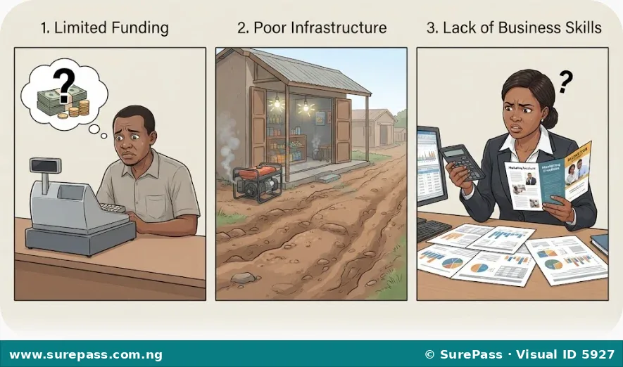 Illustration showing challenges for Nigerian entrepreneurs: a person worried about funding, a shop with poor infrastructure like flickering lights and bad roads, and a person struggling with business skills.