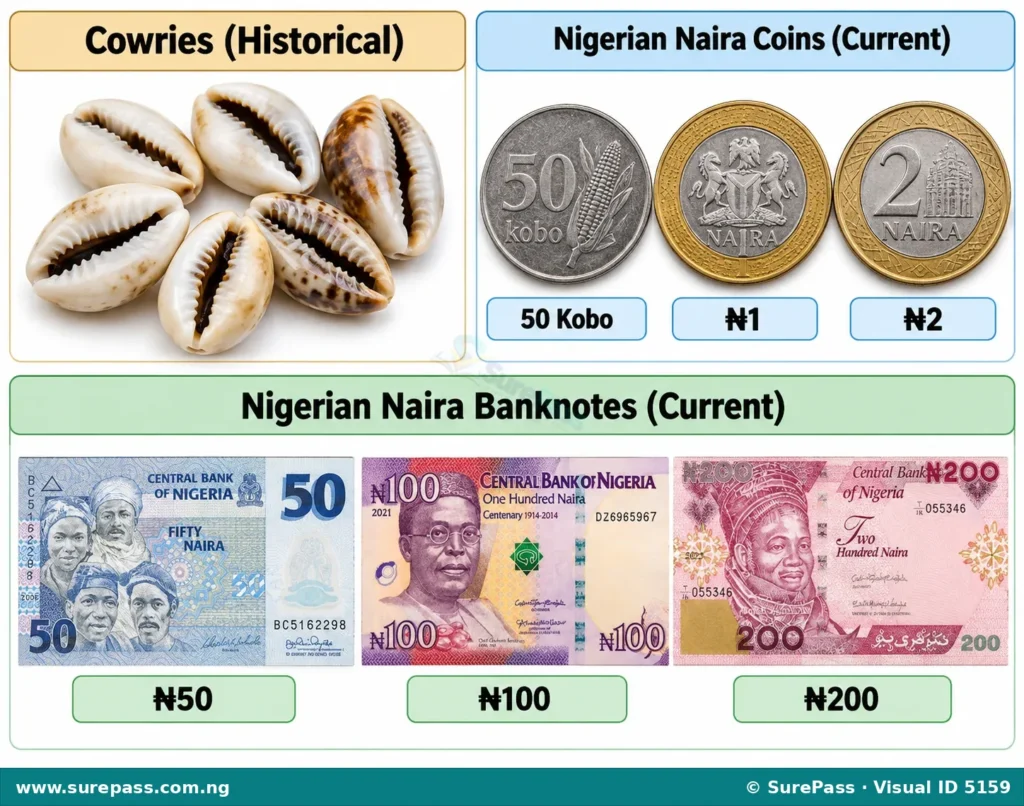 A collection of Nigerian currency showing cowries, various Naira coins, and different Naira banknotes.
