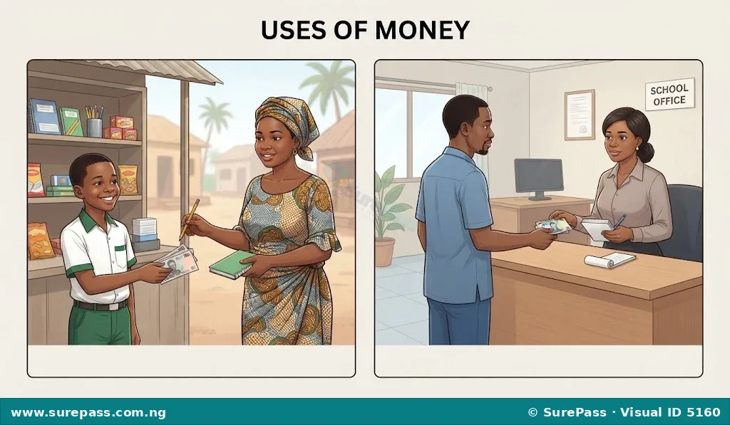 Two scenes illustrating uses of money. One shows a student buying school supplies, the other shows a parent paying school fees.