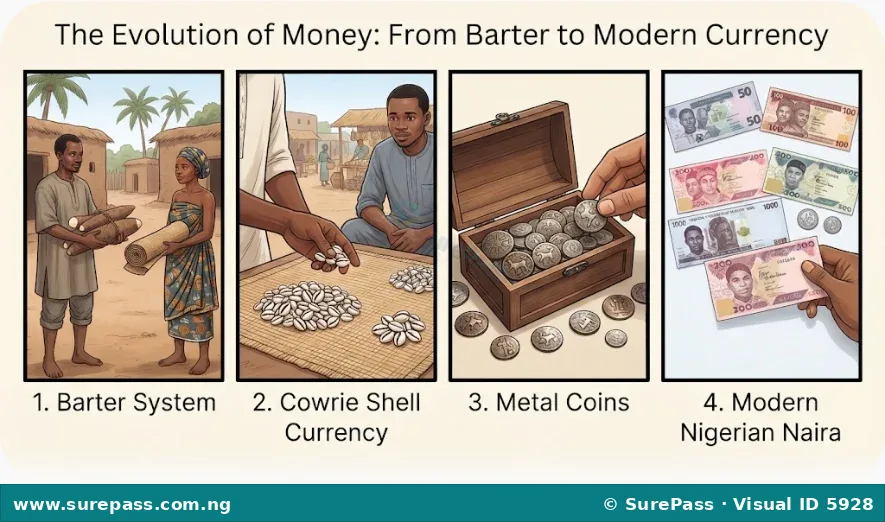 Images showing the evolution of money from barter to modern currency.