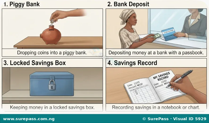 Different ways to save money, including a piggy bank, bank account, savings box, and a savings record.