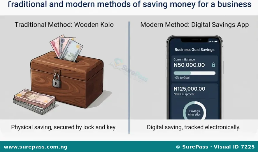 A comparison between a traditional wooden kolo and a modern digital savings application.