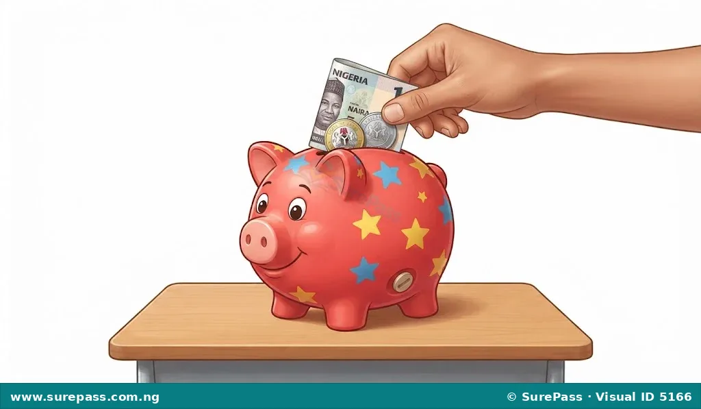 A piggy bank with Nigerian Naira notes and coins being inserted.