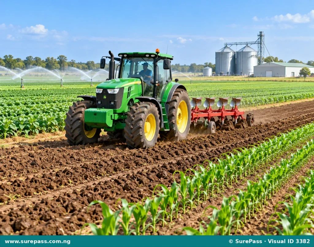 An illustration of modern agriculture, featuring a large tractor working in a field with irrigation systems visible.