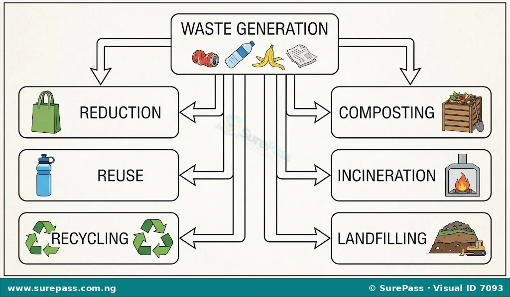 Diagram illustrating different waste management techniques like reduction, reuse, recycling, composting, incineration, and landfilling.