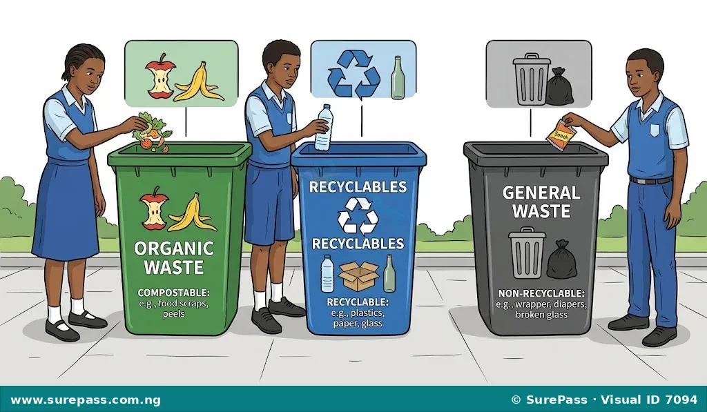 Illustration of waste sorting with three labelled bins for organic waste, recyclables, and general waste.