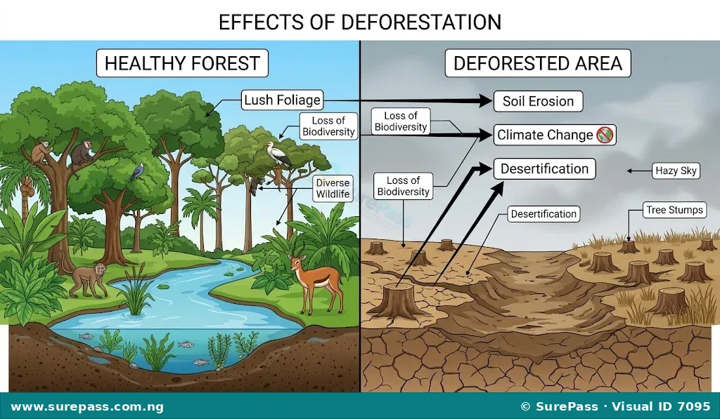 A contrasting image showing a healthy forest on one side and a deforested, eroded landscape on the other, illustrating the impacts of deforestation.