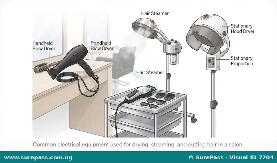 Professional cosmetology equipment including a hand dryer, hood dryer, steamer, and clippers.