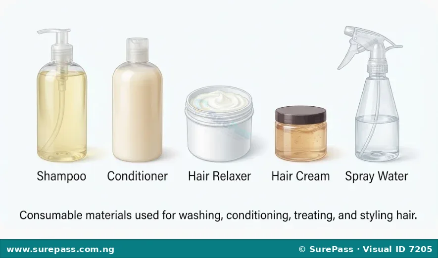 Cosmetology materials including shampoo, conditioner, relaxer, hair cream, and water.