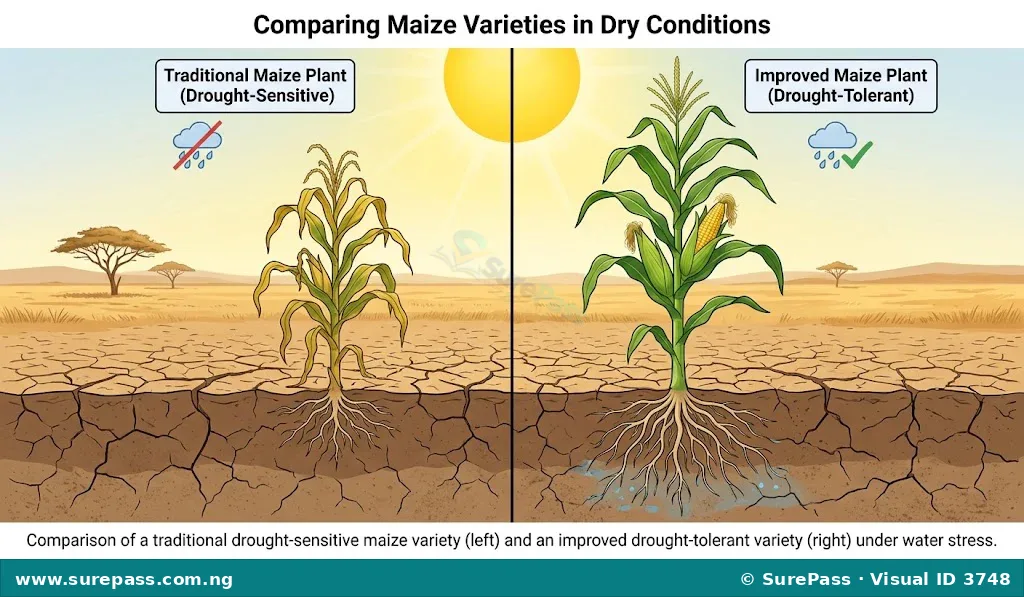 A side-by-side comparison showing a wilting traditional maize plant and a healthy, upright drought-tolerant maize plant under drought conditions.
