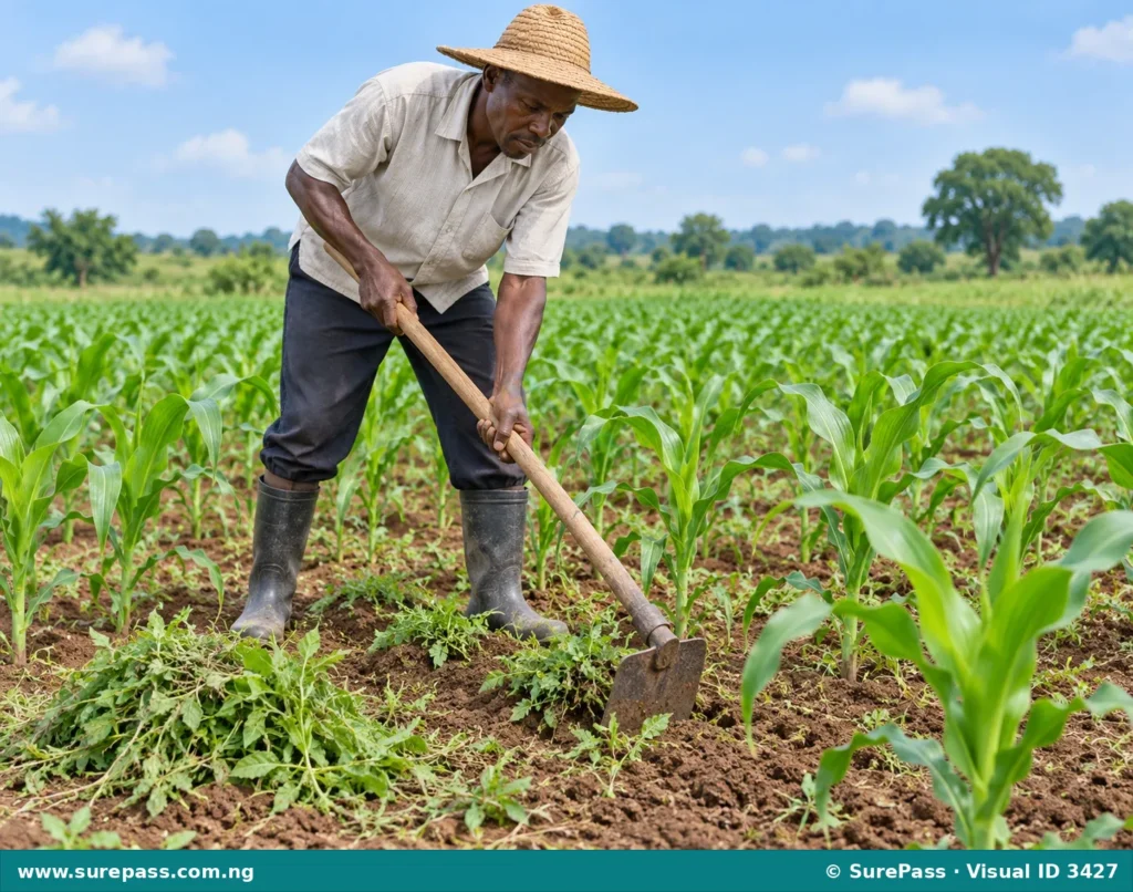 A Nigerian farmer using a hoe to weed a field of young maize plants.