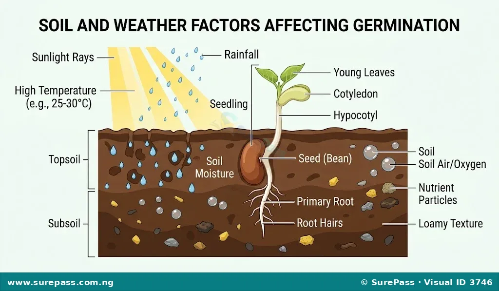 Cross-section of soil showing a germinating seed with soil and weather factors labelled.