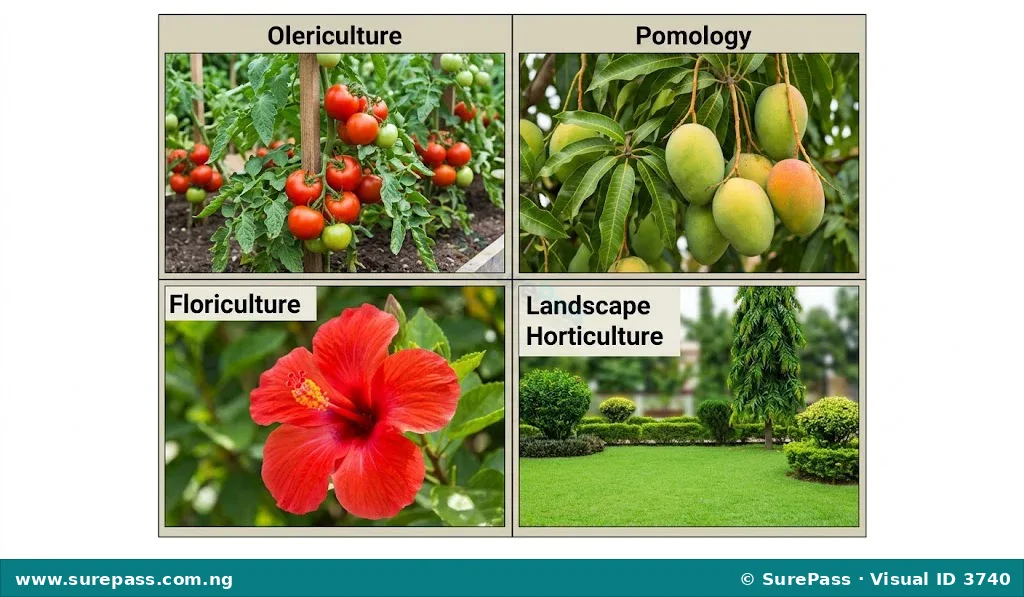 Grid of four images representing Olericulture (tomato), Pomology (mango), Floriculture (hibiscus), and Landscape Horticulture (manicured lawn).