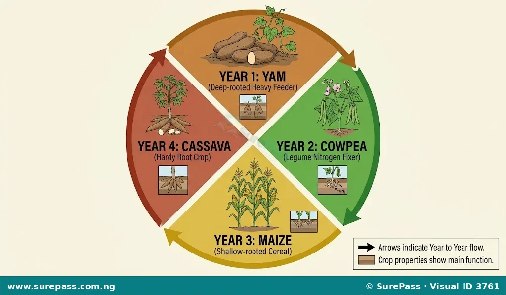Circular diagram of a four-year crop rotation cycle.