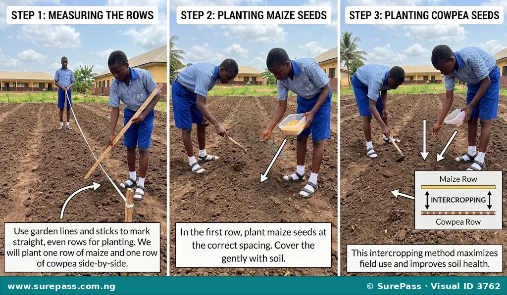 Step-by-step process of planting an intercropped field of maize and cowpea.