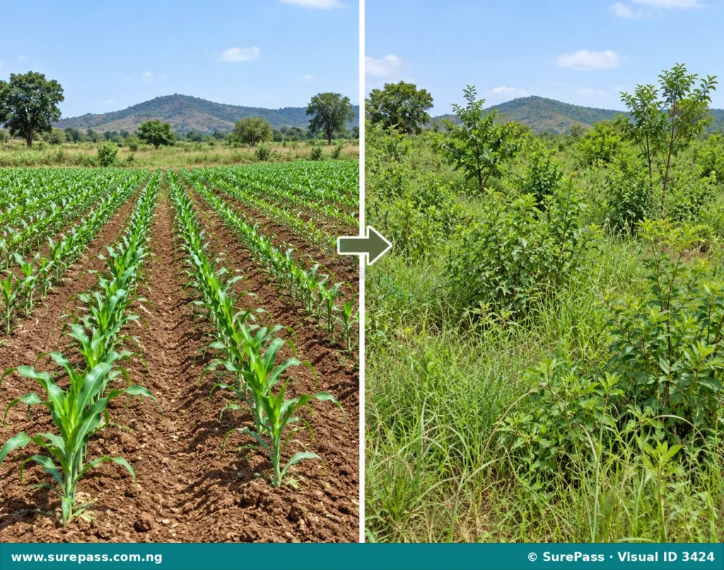 Two images showing bush fallowing. First image shows cultivated land, second shows the same land overgrown with natural vegetation.