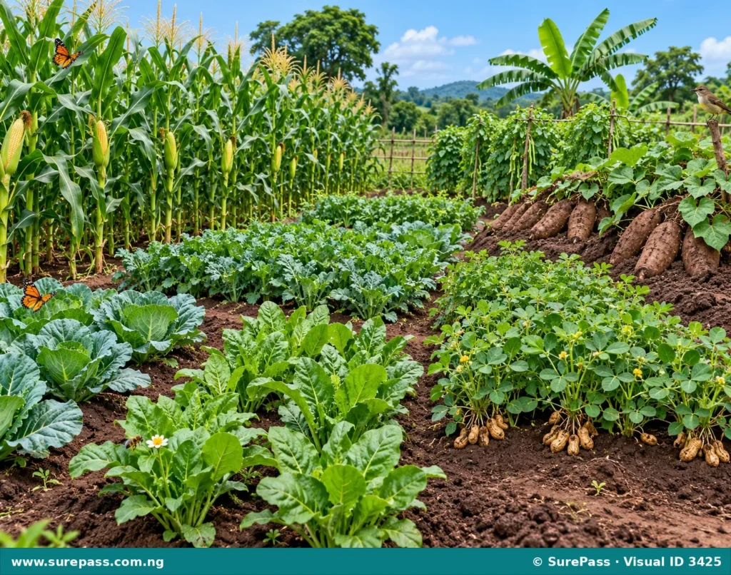 A healthy farm with diverse crops, rich soil, and signs of biodiversity, illustrating positive environmental impact.