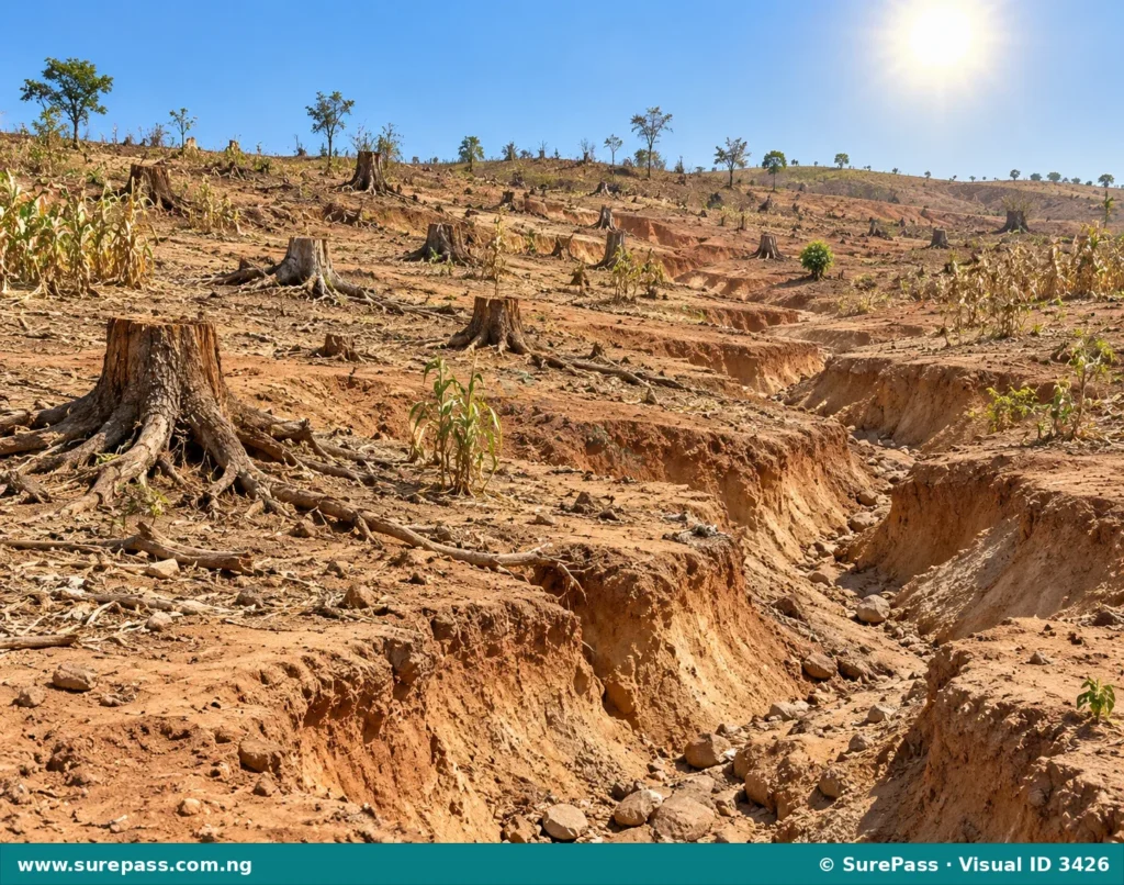 A deforested area with tree stumps and severely eroded, dry soil, illustrating negative environmental impact.
