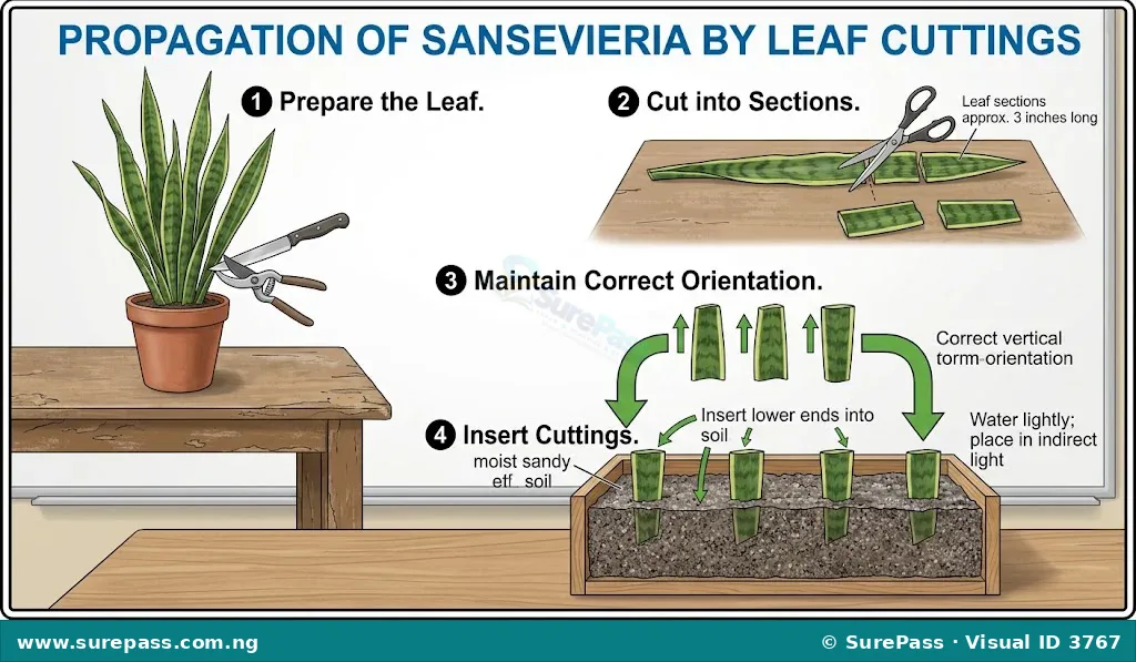 Propagation of Sansevieria using leaf cuttings inserted into sandy soil.