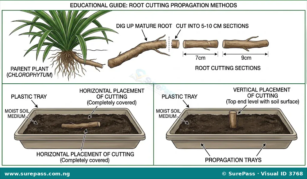 Root cutting propagation showing root sections placed in a soil medium.