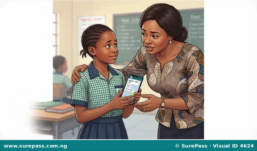 A child showing a phone to an adult, who is listening and ready to help with a cyberbullying issue.