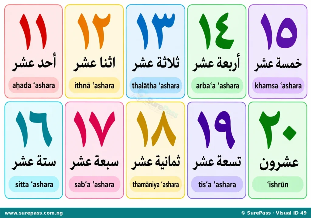 Arabic numerals 11 to 20 with their Arabic names and pronunciations.