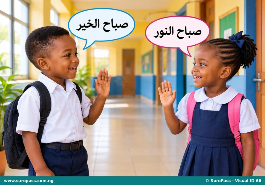 A boy and girl greeting each other in the morning at school.