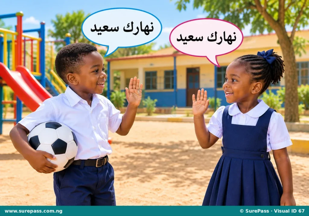 Children greeting each other with "Naharak sa'eed" during the day.