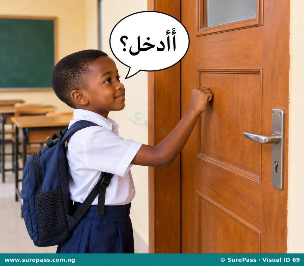 A child knocking on a door and asking "May I enter?".