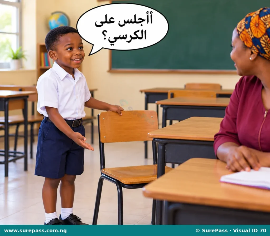 A child asking "May I sit on the chair?".