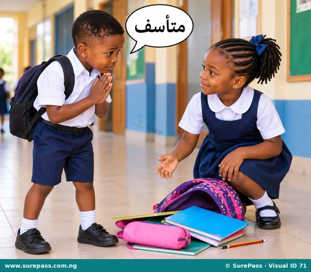 A child apologising with "Muta'assif" after a small accident.