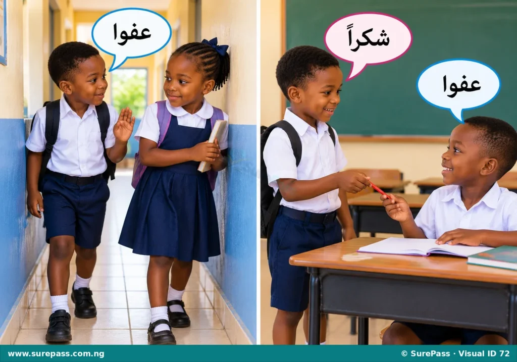 Two uses of "Afwan": one for "excuse me" and one for "you're welcome".