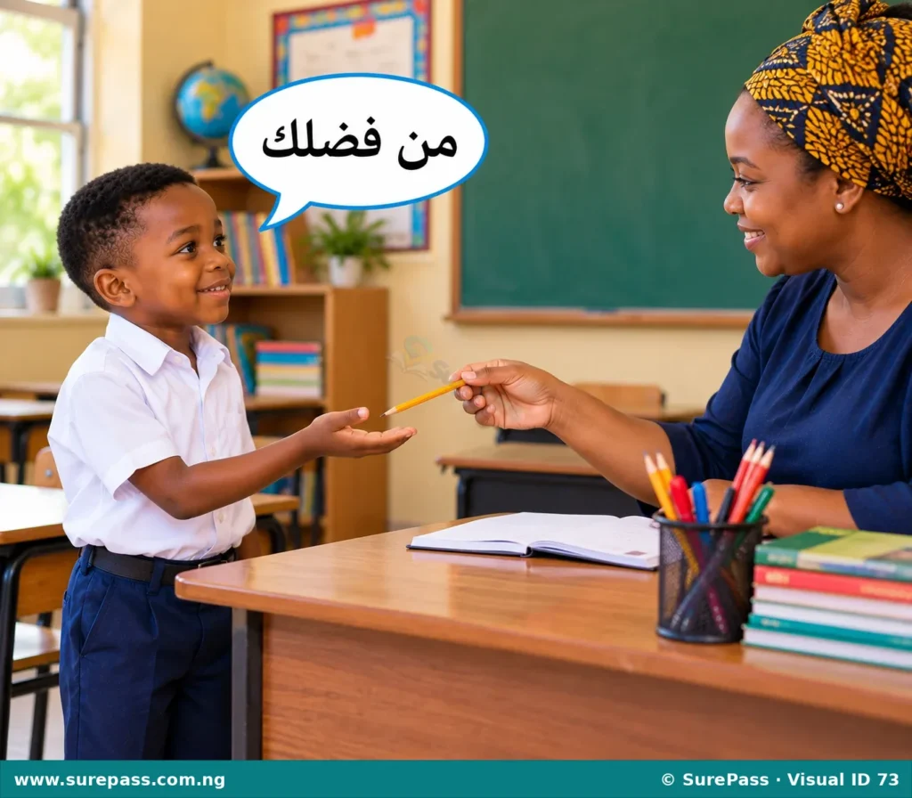 A child asking for a pencil and saying "Min fadlik" (please).
