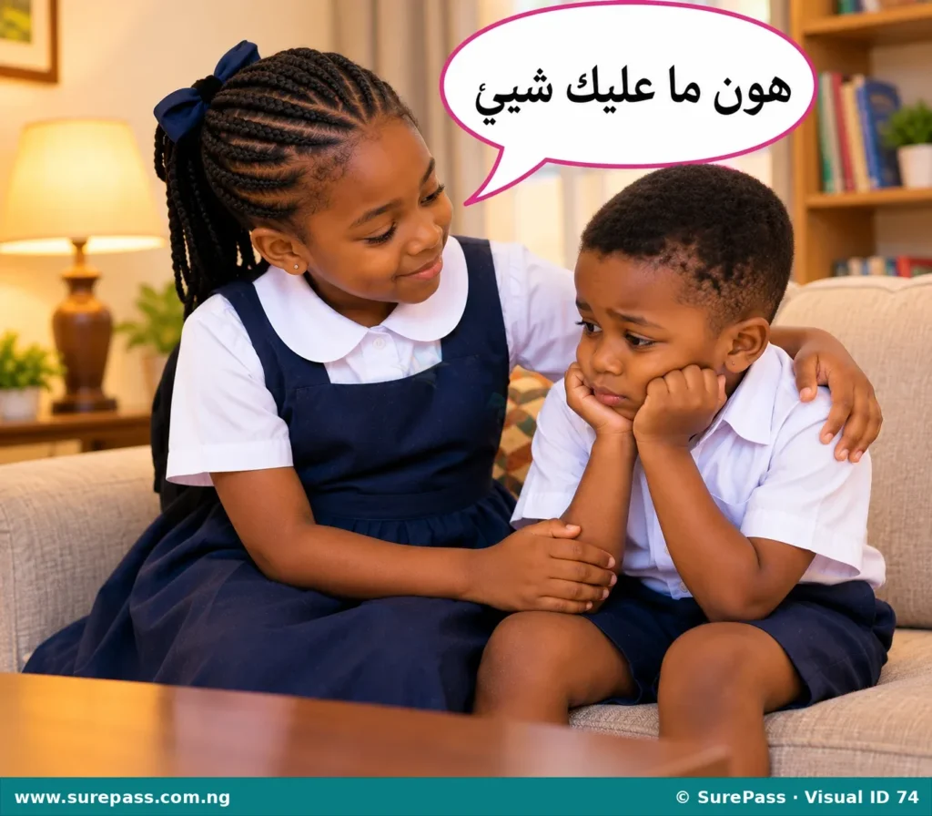 A child comforting another child with "Hawwin ma 'alayka shay'" (Don't worry).