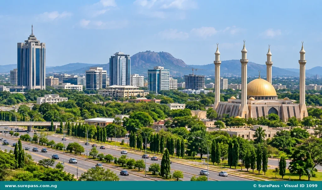 A modern cityscape of Abuja, Nigeria, showing tall buildings and green areas.