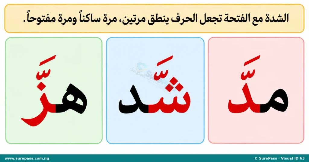 Arabic words "madda", "shadda", and "hazza" showing Shaddah with Fathah.