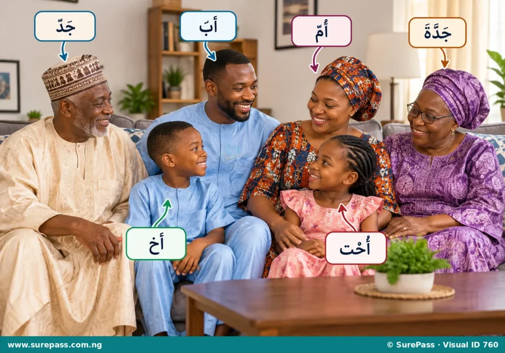 A happy Nigerian family with a father, mother, two children, and grandparents.