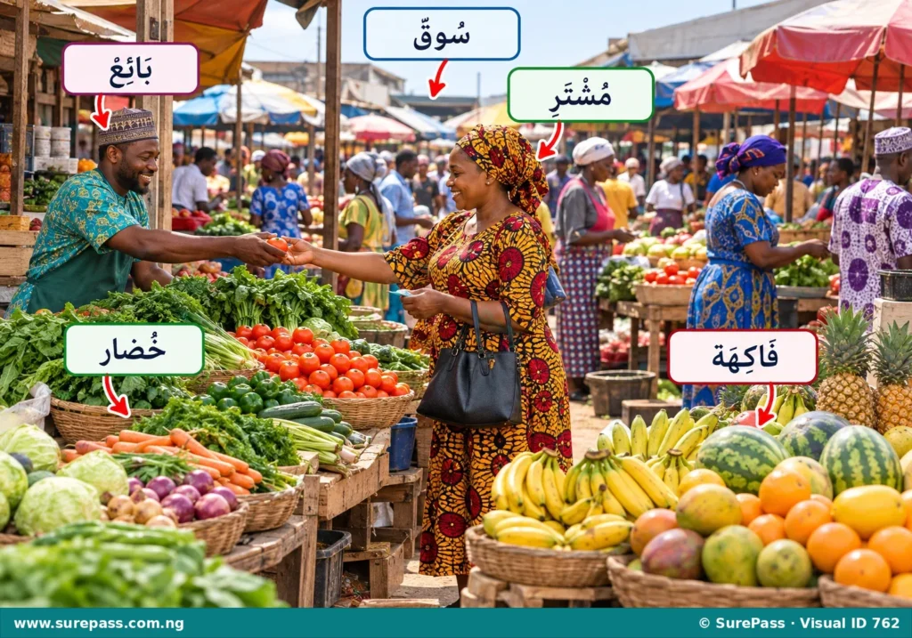 A busy Nigerian open-air market with sellers and buyers.