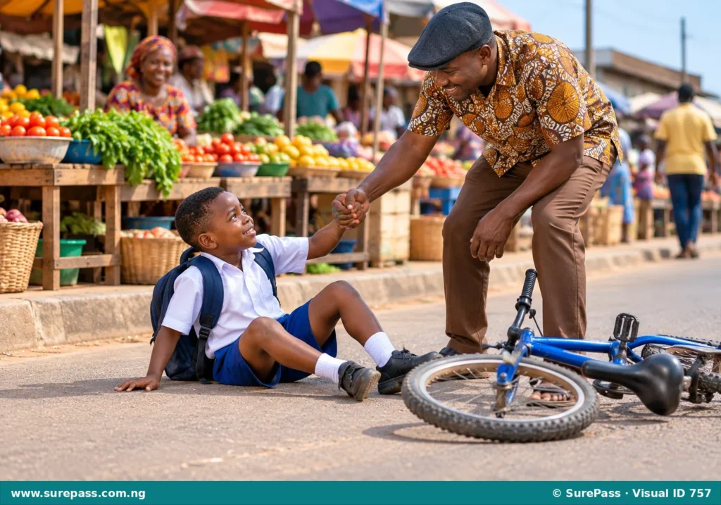 A child in a school uniform has fallen off a bicycle near a market, and an adult is helping the child stand up. The bicycle is on the ground.